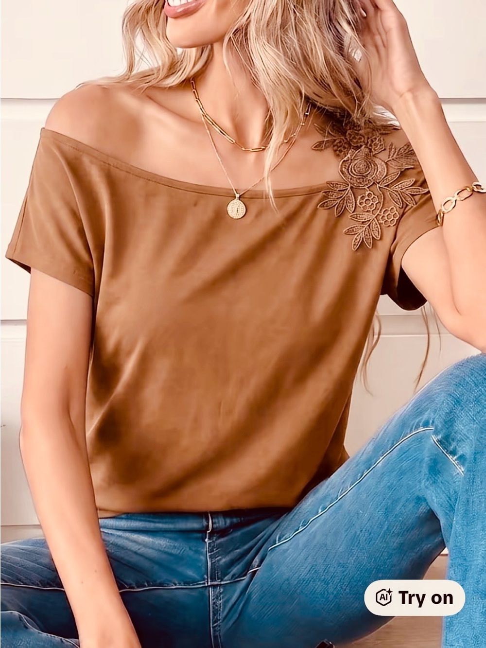 Embroidered Off-Shoulder Brown Women’s Top